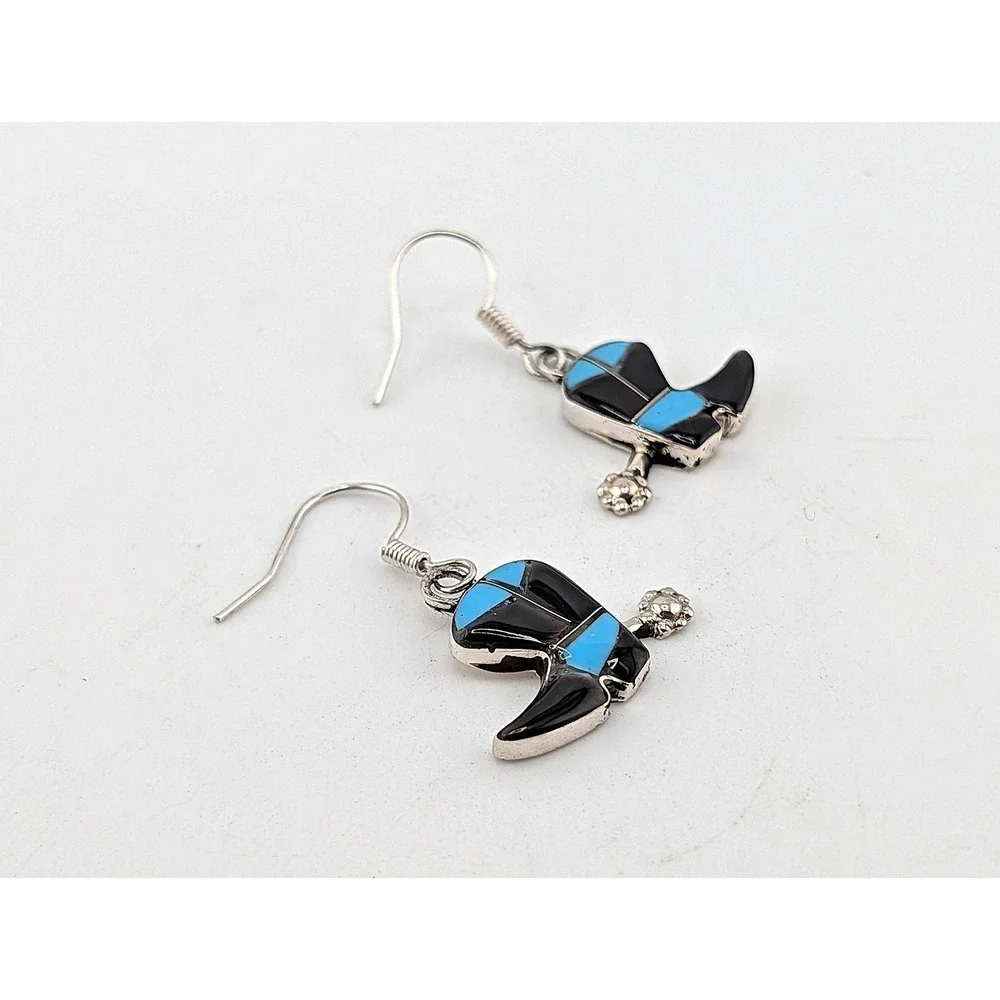Zuni Silver Cowboy Boot Earrings Turquoise Inlay Western Dangle Signed K Quam **